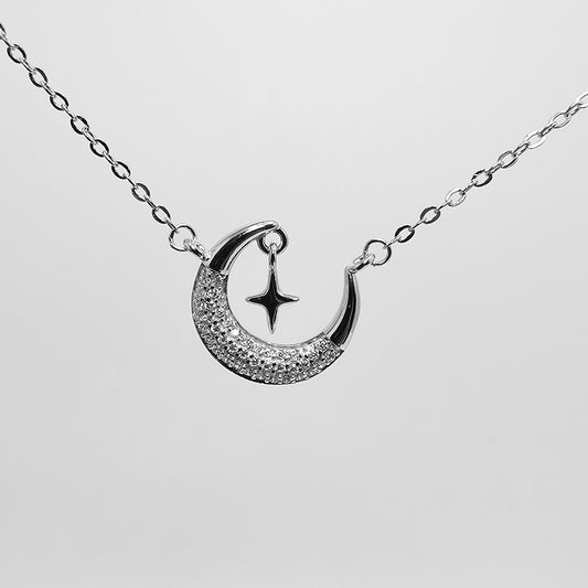 Veroza Women 18" Chain Sterling Silver Crescent Moon /Sparkling Star Necklace